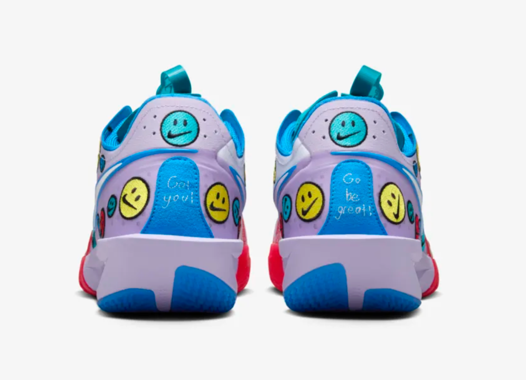 The back of Jewell Loyd’s new player-edition sneakers, with expressions reading “Got you!” and “Go be great!”